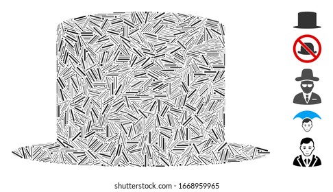 Hatch Mosaic basiert auf Gentleman Hut Icon. Mosaik Vektorillustration Herren, der aus zufälligen Lukenelementen besteht. Bonussymbole werden hinzugefügt.