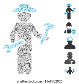 Hatch Mosaic based on gentleman serviceman icon. Mosaic vector gentleman serviceman is designed with random dash dots. Bonus icons are added.
