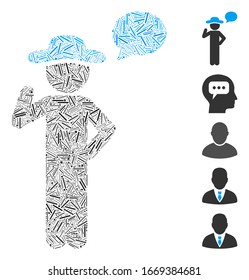 Hatch Mosaic based on gentleman speech icon. Mosaic vector gentleman speech is designed with random hatch spots. Bonus icons are added.