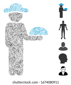 Mosaico de escotilla basado en un ícono de camarero caballero. El camarero del vector mosaico está diseñado con artículos de línea aleatorios. Se agregan iconos de bonificación.