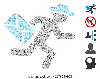 Hatch Mosaic based on gentleman mail courier icon. Mosaic vector gentleman mail courier is composed with randomized hatch spots. Bonus icons are added.