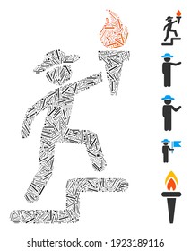 Hatch Mosaic based on gentleman climbing with torch icon. Mosaic vector gentleman climbing with torch is designed with randomized hatch spots. Bonus icons are added.