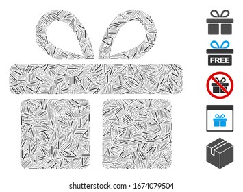Hatch Mosaic based on gift icon. Mosaic vector gift is created with scattered hatch spots. Bonus icons are added.