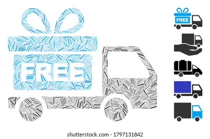 Mosaico de escotilla basado en el icono del coche de entrega de regalos. El vehículo de entrega de vectores mosaicos se compone de objetos de trampas dispersas. Se agregan iconos de bonificación.