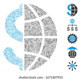 Hatch Mosaic basiert auf dem Symbol für globales Geschäft. Mosaik Vektorillustration Global Business besteht aus randomisierten Lukenflecken. Bonussymbole werden hinzugefügt.