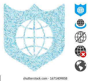 Hatch Mosaic based on global shield icon. Mosaic vector global shield is designed with randomized hatch spots. Bonus icons are added.