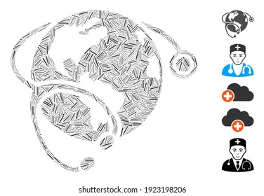 Hatch Mosaic based on global healthcare stethoscope icon. Mosaic vector global healthcare stethoscope is formed with randomized hatch dots. Bonus icons are added.