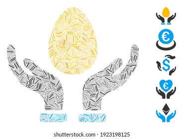 Hatch Mosaic based on gold egg care hands icon. Mosaic vector gold egg care hands is composed with randomized hatch dots. Bonus icons are added.