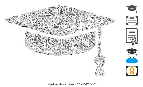 Hatch Mosaic based on graduation cap icon. Mosaic vector graduation cap is designed with randomized line elements. Bonus icons are added.