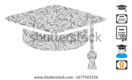 Hatch Mosaic based on graduation cap icon. Mosaic vector graduation cap is designed with randomized line elements. Bonus icons are added.