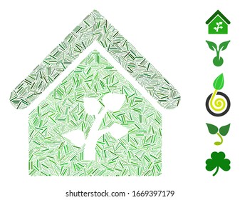 Hatch Mosaic based on greenhouse building icon. Mosaic vector greenhouse building is composed with randomized hatch dots. Bonus icons are added.