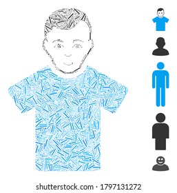 Hatch Mosaic based on guy icon. Mosaic vector guy is composed with scattered hatch dots. Bonus icons are added.