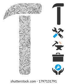 Hatch Mosaic based on hammer icon. Mosaic vector hammer is created with scattered hatch spots. Bonus icons are added.