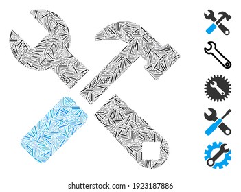 Hatch Mosaic based on hammer and wrench icon. Mosaic vector hammer and wrench is composed with random hatch elements. Bonus icons are added.