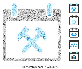 Hatch Mosaic basierend auf Hämmern Kalendertag Symbol. Der Kalendertag der Mosaikhämmer Vektorillustration ist mit verstreuten Punktpunkten gestaltet. Bonussymbole werden hinzugefügt.