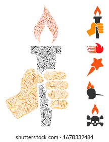 Hatch Mosaic based on hand with fire torch icon. Mosaic vector hand with fire torch is formed with random hatch spots. Bonus icons are added.