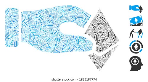 Hatch Mosaic based on hand take Ethereum icon. Mosaic vector hand take Ethereum is composed with randomized hatch dots. Bonus icons are added.