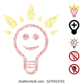 Hatch Mosaic based on happy light bulb icon. Mosaic vector happy light bulb is created with scattered hatch dots. Bonus icons are added.