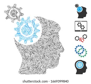 Hatch Mosaic based on head cogs rotation icon. Mosaic vector head cogs rotation is designed with scattered hatch dots. Bonus icons are added.