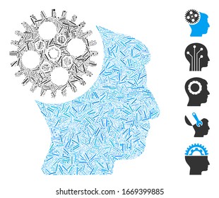 Hatch Mosaic based on head gearwheel icon. Mosaic vector head gearwheel is designed with random hatch dots. Bonus icons are added.