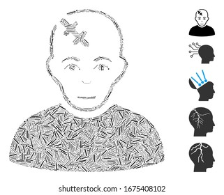 Hatch Mosaic based on head hurt icon. Mosaic vector head hurt is designed with random hatch elements. Bonus icons are added.