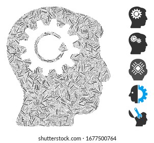 Hatch Mosaic based on head gear rotation icon. Mosaic vector head gear rotation is formed with random line items. Bonus icons are added.