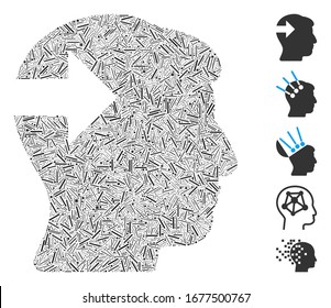 Hatch Mosaic based on head plug-in arrow icon. Mosaic vector head plug-in arrow is designed with randomized hatch items. Bonus icons are added.