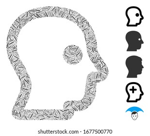 Hatch Mosaic based on head profile icon. Mosaic vector head profile is formed with random hatch elements. Bonus icons are added.