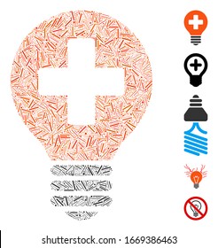 Hatch Mosaic based on healh care bulb icon. Mosaic vector healh care bulb is designed with random hatch elements. Bonus icons are added.