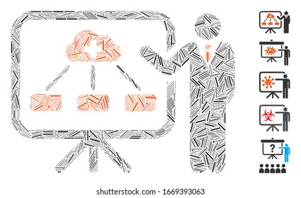 Hatch Mosaic based on health care lecture icon. Mosaic vector health care lecture is composed with random hatch elements. Bonus icons are added.