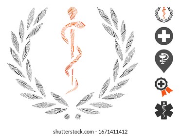 Hatch Mosaic based on health care emblem icon. Mosaic vector healh care emblem is designed with random hatch spots. Bonus icons are added.