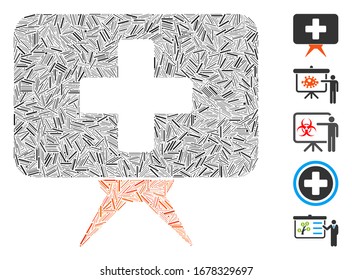 Mosaico Hatch basado en el icono de presentación de la atención médica. La presentación de la atención sanitaria de los vectores mosaicos está diseñada con puntos aleatorios. Se agregan iconos de bonificación.