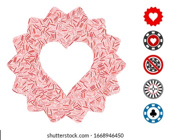 Hatch Mosaic based on hearts token icon. Mosaic vector hearts token is created with randomized hatch elements. Bonus icons are added.