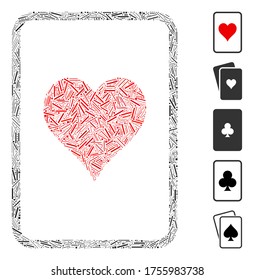 Mosaico de escotilla basado en el icono de la tarjeta de juegos de corazones. La tarjeta de juego de corazones vectoriales mosaicos se forma con puntos de línea aleatorios. Se agregan iconos de bonificación.