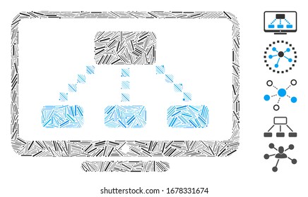 Mosaico de tramas basado en el icono del monitor de jerarquía. El monitor de jerarquía de vectores mosaicos se crea con puntos de rayado aleatorios. Se agregan iconos de bonificación.