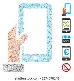 Hatch Mosaic based on hold smartphone icon. Mosaic vector hold smartphone is composed with random hatch spots. Bonus icons are added.