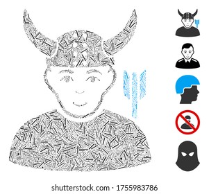 Hatch Mosaic based on horned warrior icon. Mosaic vector horned warrior is composed with randomized dash items. Bonus icons are added.