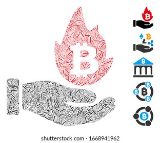 Hatch Mosaic based on hot cryptocurrency offer hand icon. Mosaic vector hot cryptocurrency offer hand is created with randomized hatch items. Bonus icons are added.
