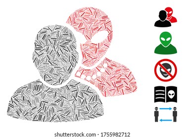 Hatch Mosaic based on human alien contacts icon. Mosaic vector human alien contacts is composed with randomized hatch dots. Bonus icons are added.