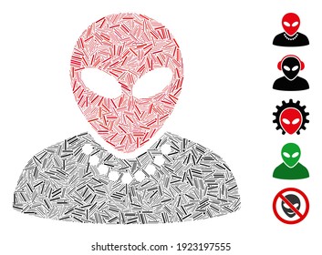 Hatch Mosaic based on humanoid icon. Mosaic vector humanoid is designed with random dash elements. Bonus icons are added.