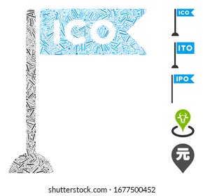 Hatch Mosaic based on ICO flag marker icon. Mosaic vector ICO flag marker is formed with randomized hatch elements. Bonus icons are added.
