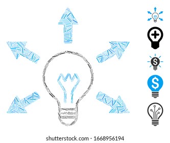 Hatch Mosaic based on idea bulb icon. Mosaic vector idea bulb is formed with randomized hatch elements. Bonus icons are added.