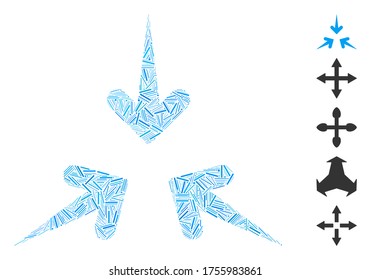 Hatch Mosaic based on impact arrows icon. Mosaic vector impact arrows is composed with scattered hatch items. Bonus icons are added.