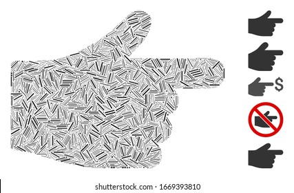 Mosaico de escotilla basado en el icono de la mano índice. La mano del índice vectorial mosaico se crea con puntos de rayas aleatorias. Se agregan iconos de bonificación.
