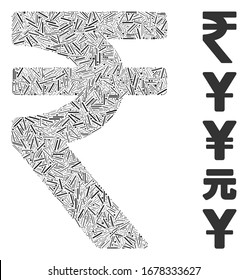 Hatch Mosaic based on Indian Rupee icon. Mosaic vector Indian Rupee is designed with scattered hatch elements. Bonus icons are added.