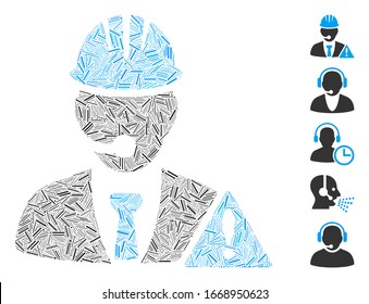 Mosaico del escote basado en el icono del operador de emergencia industrial. El operador de emergencia industrial vector mosaico está diseñado con puntos de rayas aleatorias. Se agregan iconos de bonificación.
