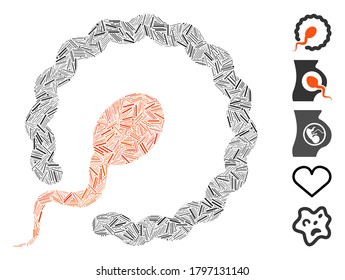 Hatch Mosaic based on insemination icon. Mosaic vector insemination is designed with random line elements. Bonus icons are added.