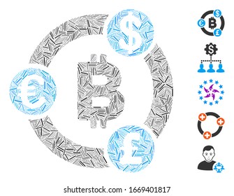 Hatch Mosaic based on international Bitcoin collaboration icon. Mosaic vector international Bitcoin collaboration is formed with randomized hatch elements. Bonus icons are added.