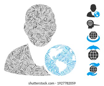 Hatch Mosaic based on international manager icon. Mosaic vector international manager is composed with scattered hatch items. Bonus icons are added.