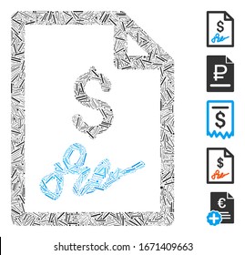 Hatch Mosaic based on invoice page icon. Mosaic vector invoice page is formed with scattered hatch elements. Bonus icons are added.
